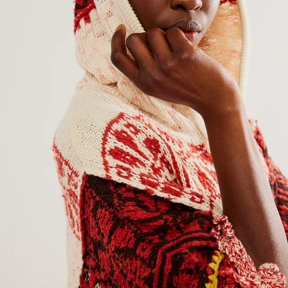 Free People Craft Poncho Sweater Hooded Drawstring Gardenia Spice Combo - Picture 3 of 6